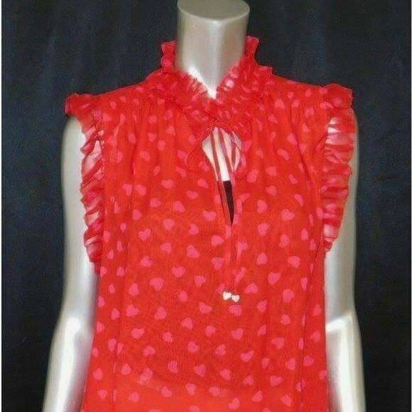 kate spade Tops - Kate Spade Red Pink Hearts Ruffled Sleeveless Silk Blouse